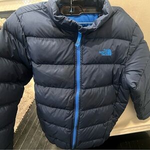 The North Face Dark Navy Puffer Jacket with Bright Blue Accents